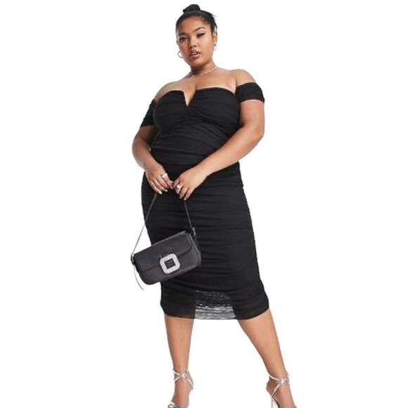 ASOS Curve v wire bardot Black Sweetheart Neckline Ruched Mesh Midi Dress, Sz 20 - Picture 1 of 10